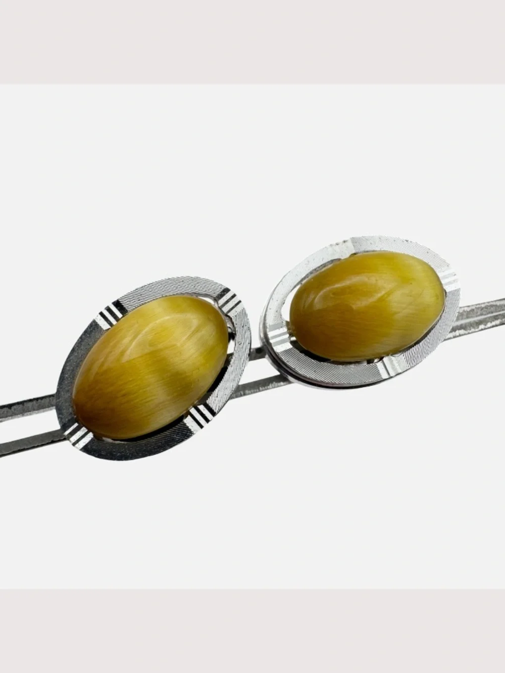 Vintage Yellow Cats Eye Cufflinks Tie Clip Set Silver Tone Japan Mens Formal Box